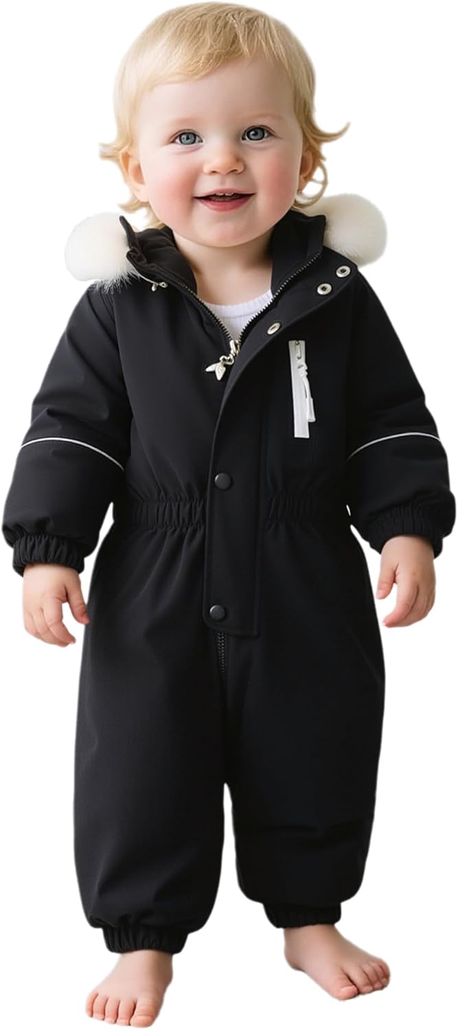 YiZYiF Toddlers Girls Boys Long Sleeve Faux Fur Trim Hooded Jumpsuit Zipper Snowsuit Fleece Lined Ski Suit