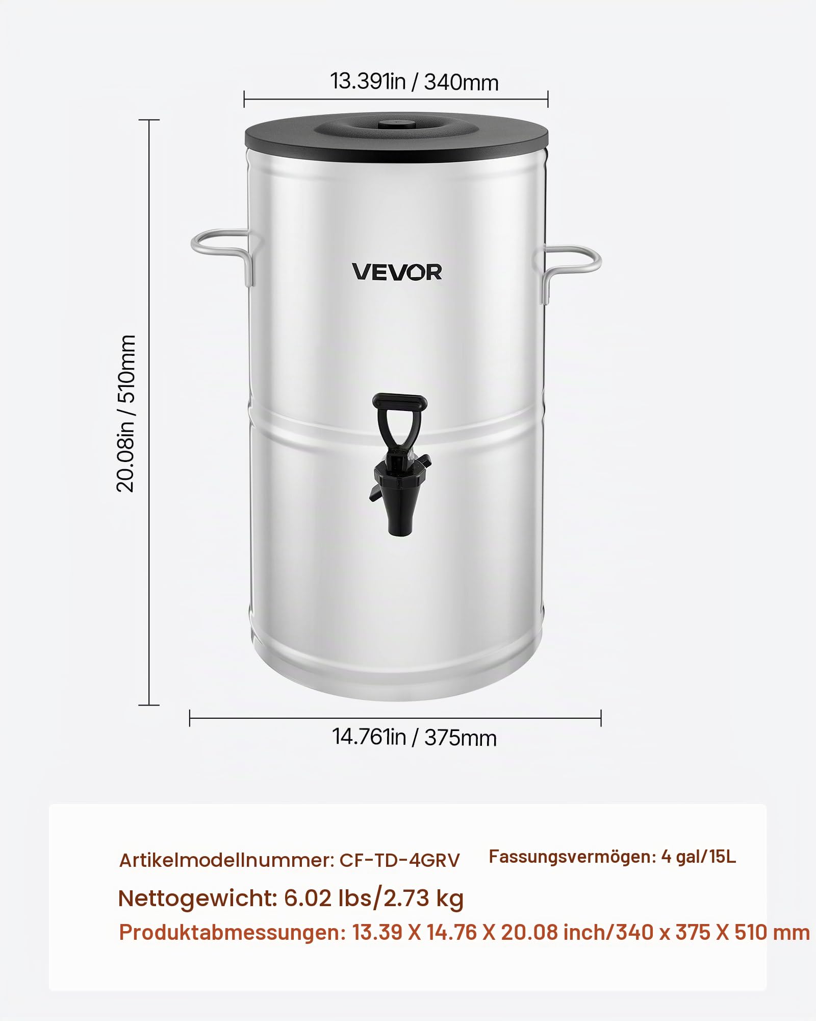 VEVOR Eisteespender Getränkespender aus 304 Edelstahl 15 L Getränkedispenser mit Zapfhahn & Griff, geeignet für heiße und kalte Getränke, für Eistee, Kaffee, Wasser in Cafés und Restaurants