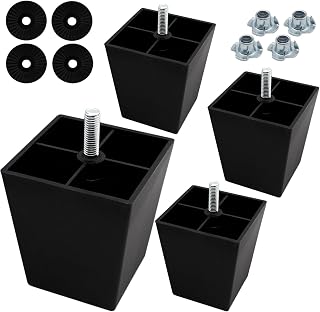 4Pcs 3 Inch Plastic Furniture Legs, Square Sofa Legs Black Couch Legs M8 Thread (Metric 8mm) Furniture Feet Cabinet Replacement Legs for Bed, Chair, Ottoman