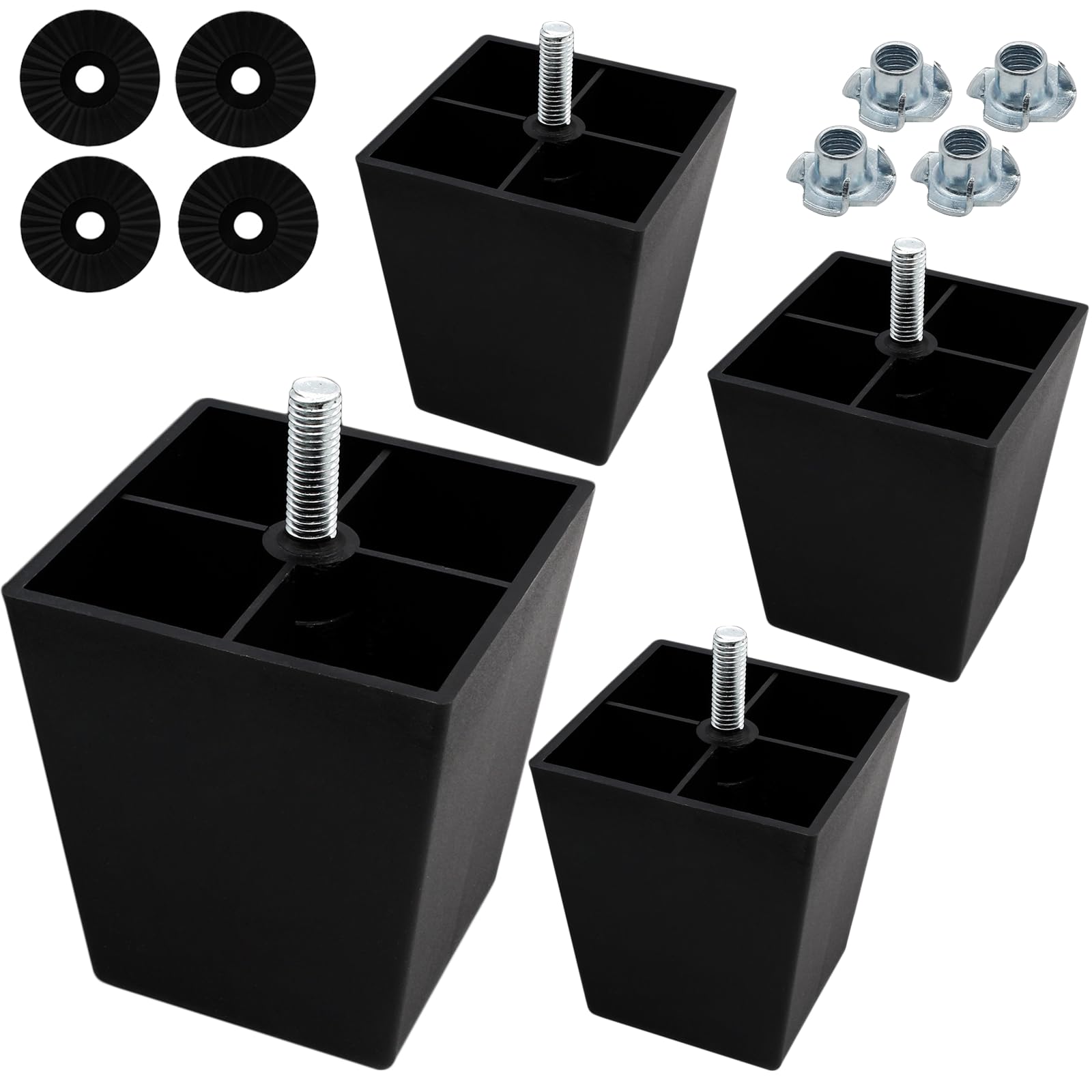 Auvotuis 4Pcs 3 Inch Plastic Furniture Legs, Square Sofa Legs Black Couch Legs M8 Thread (Metric 8mm) Furniture Feet Cabinet Replacement Legs for Bed,