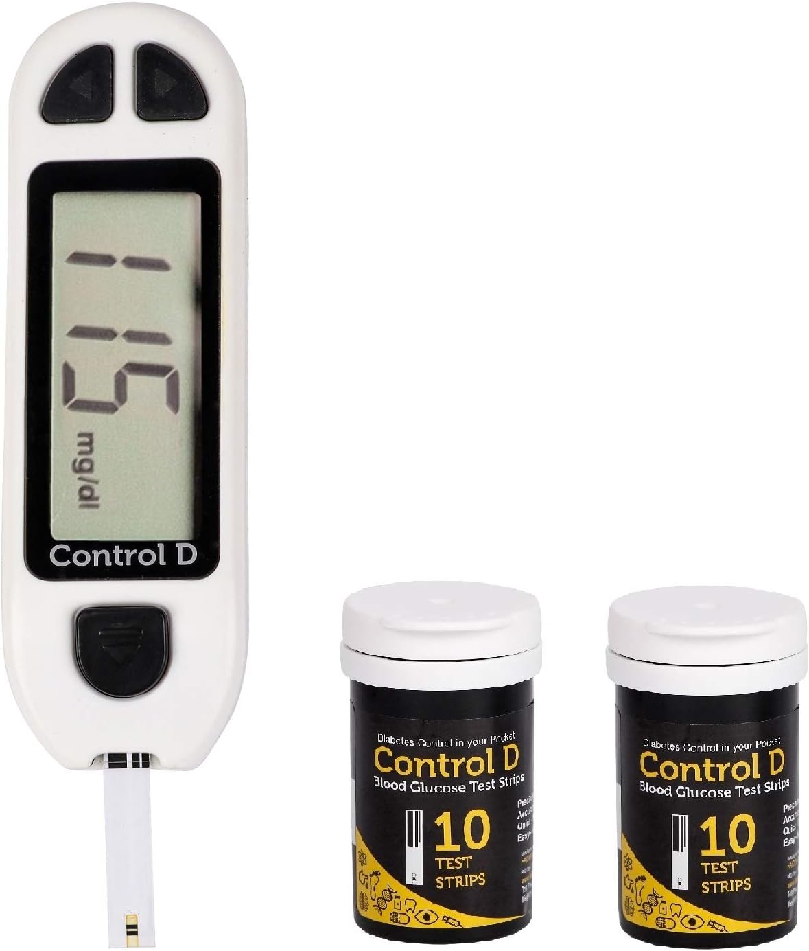 Control D Blood Glucose Monitor Glucometer with Pack of 20 Strips, White