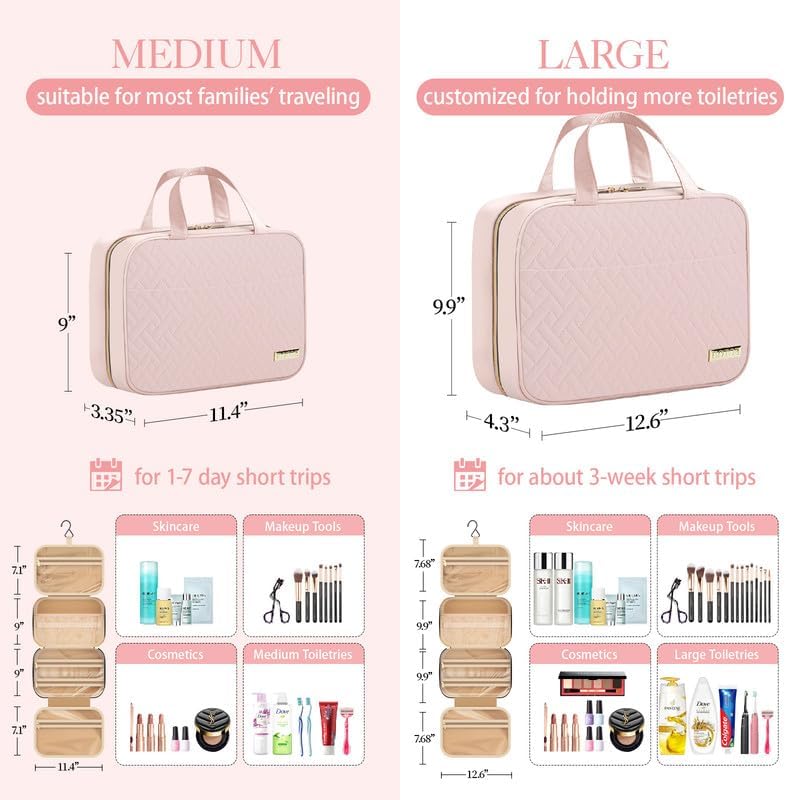 HOTOR Travel Toiletry Bag - Toiletry Bag w/Hanging Hook for Women & Men, Makeup Bag/Big Comparment, Waterproof for Travel Accessories, Travel Essentials, Large, Pink - Image 3