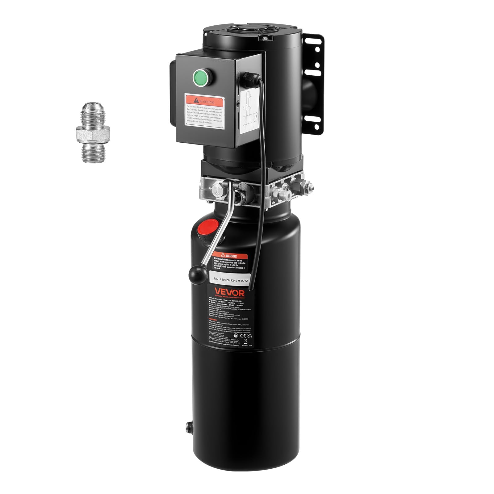 VEVOR Unità di Potenza per Pompa Idraulica, Unità Idraulica a Semplice Effetto da 10 L, Portata Olio 6,3 L/min, Pressione di Scarico Massima 22 MPa per Autocarri con Cassone Ribaltabile, Nero