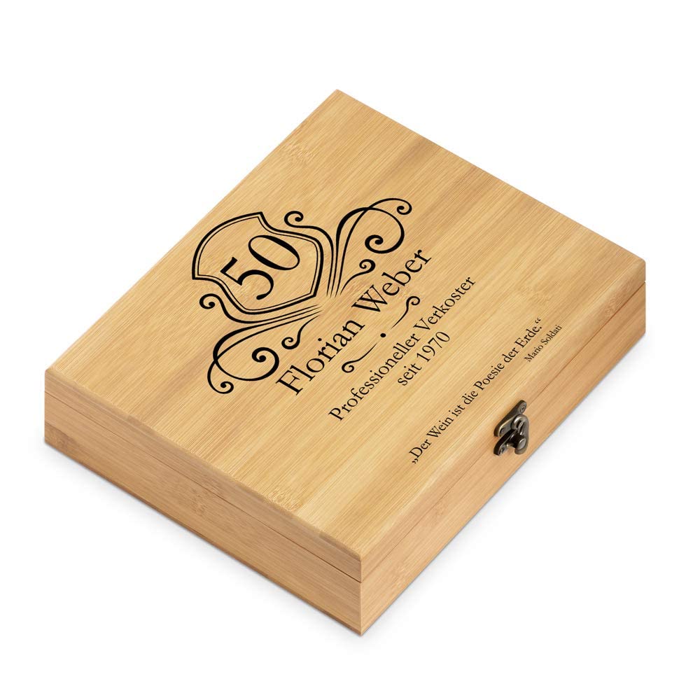 Maverton Weinöffner-Set personalisiert Weinset Sommelier Set - Geschenkbox Holzbox + 6er Weinzubehörset - aus Bambus - Braun - Geschenk zum Geburtstag für Männer - Professioneller Verkoster