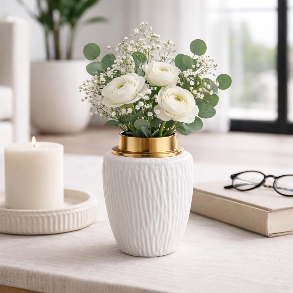 Elegant Medium Ecomix with Metal Rim Vase for Living Room and Home Decor - Decorative Flower Vase for Bedroom Vanity, and Kitchen Counter - Textured Accent Display for Office Table - 8", White & Gold