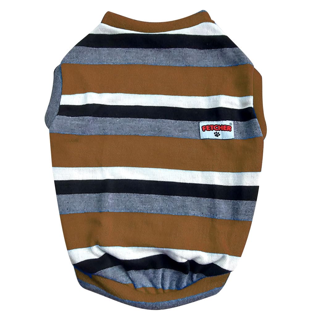 FETCHER Coffee Brown, Grey and Black Striped Premium Dog, Puppy, Kitten and Cat Warm Winter T-Shirt | Sweater for Small Breeds (18" Large)