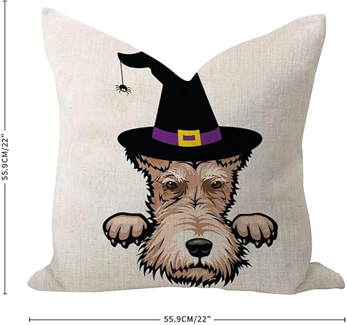 Miniatura 3 de Fundas de almohada de Halloween Fox Terrier para exteriores de 22 x 22 pulgadas, de arpillera, de lino, elegante funda de almohada para perros