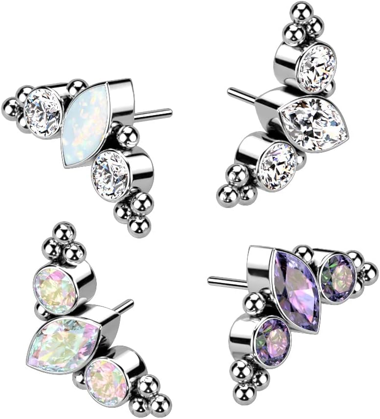 Implant Grade Titanium Threadless Push In Top With Marquise CZ or Opal Center Surrounded by CZs and Ball Clusters (Fits All Threadless Pin Sizes 14GA-20GA)