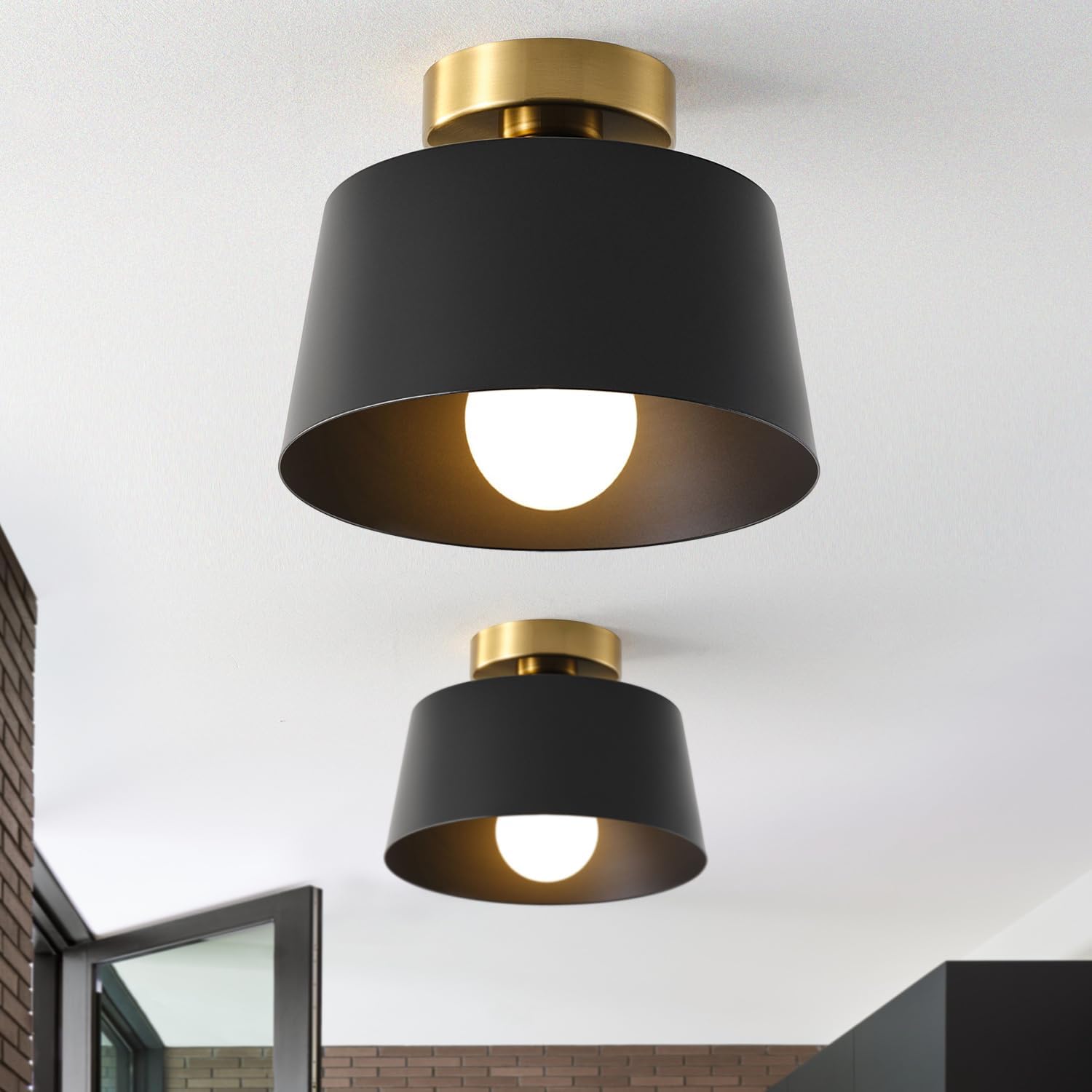 Modern Semi Flush Mount Ceiling Light with Gold Plate and Matte Black Shade, Farmhouse Ceiling Light Fixture for Kitchen Island Dining Room Foyer Hallway Porch Barn Loft，10in (Black 2 Pack)