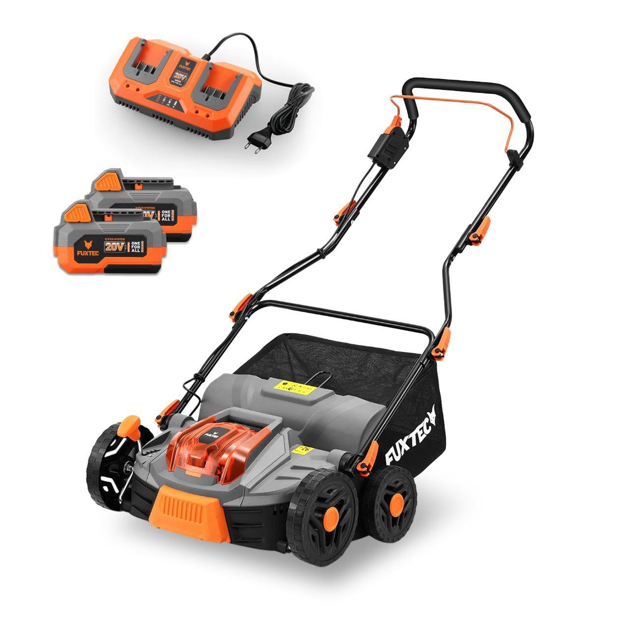 FUXTEC Aérateur à batterie 40 V FX-​E2VE38SET - 2 en 1 Aérateur et Scarificateur, Largeur 38 cm, Panier 45 L, 2 piles incluses