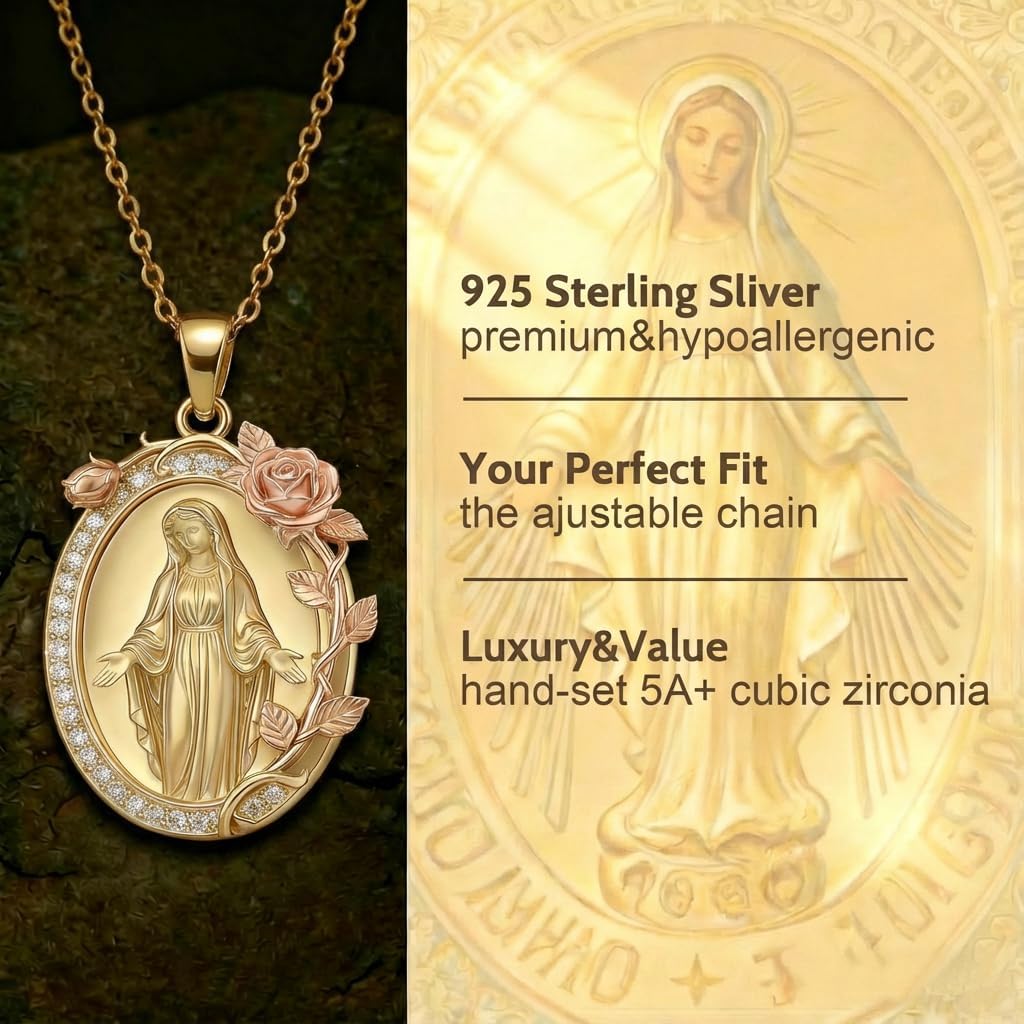 Elegant Virgin Mary Pendant Necklace, Gold Plated Oval Medal with CZ Stones and Floral Design, Inspirational Religious Jewelry Gift for Women, Christmas, Baptism, First Communion