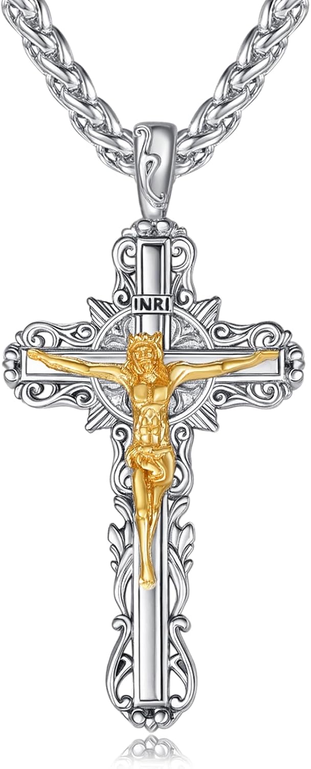 925 Sterling Silver Cross Crucifix Pendant Necklace for Men Women Saint Medal Christian Religious Necklace for Men