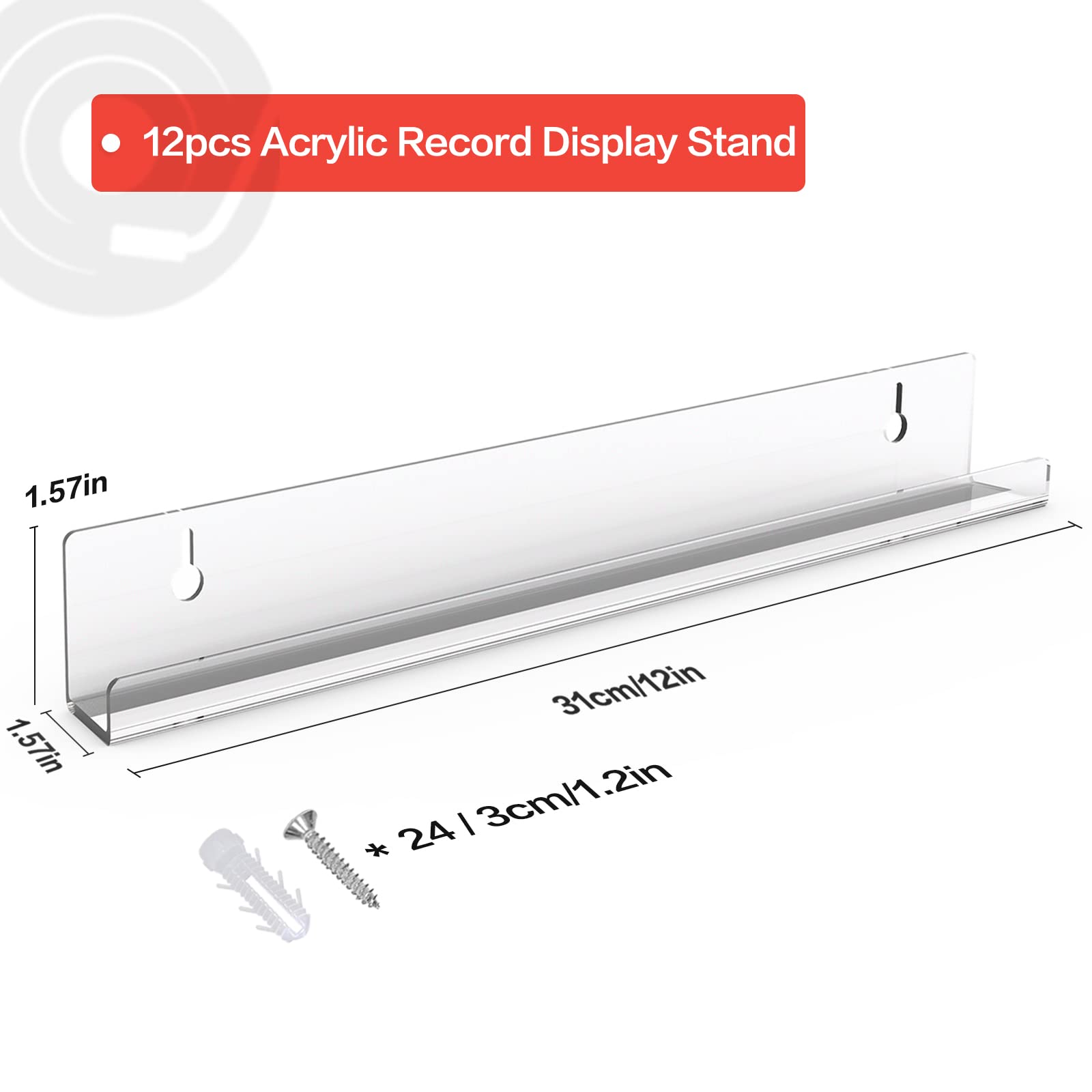 12 Pack Clear Acrylic Vinyl Record Wall Mounts - 4 Inch Floating Shelf Display For Album Storage