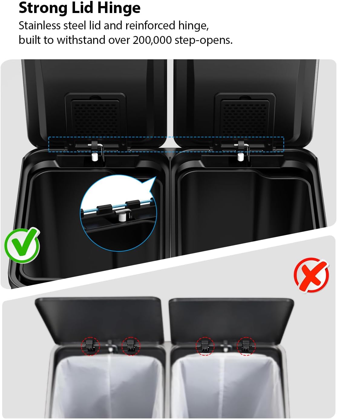 Lovewind Kitchen Trash Can, 2 x 8 Gallon (2 x 30 L) Stainless Steel Trash and Recycle Bin Combo with Soft-Close Lid, Dual Compartment Recycling Kitchen Step Trash Bin, Silver