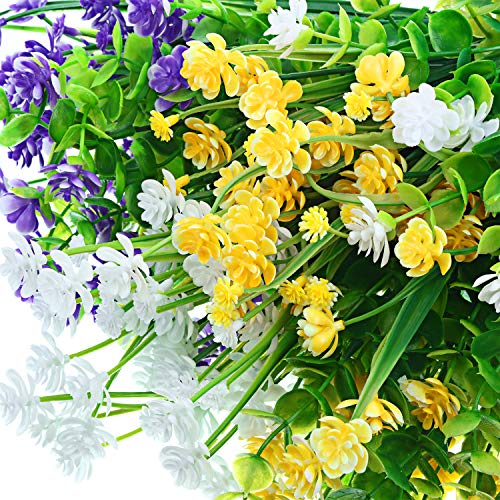 12 Bundles Artificial Flowers Outdoor, Uv Resistant Faux Artificial Plants Shrubs Plastic Flower Bulk For Hanging Planter Porch Window Home Wedding Spring Summer Decor (Yellow, Purple, White) #TOP2