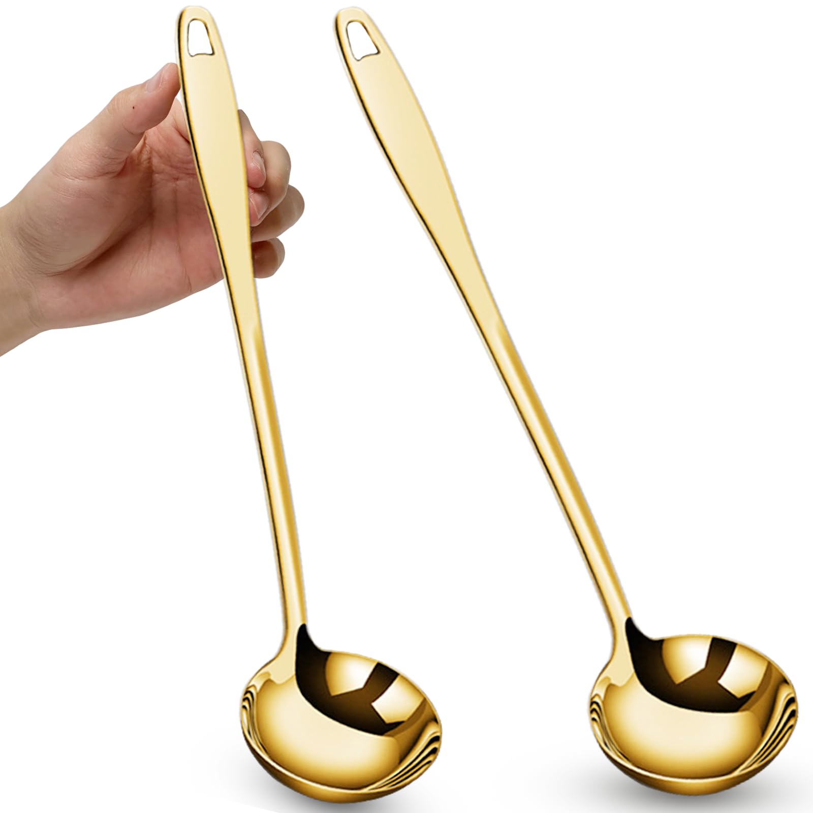 Bigwinyep 2Pcs Soup Ladle Soup Spoons 304 Stainless Steel Gold Ladle, 12.2Inch Long Handle Large Serving Spoon for Cooking Buffet, Party, Kitchen, Gold