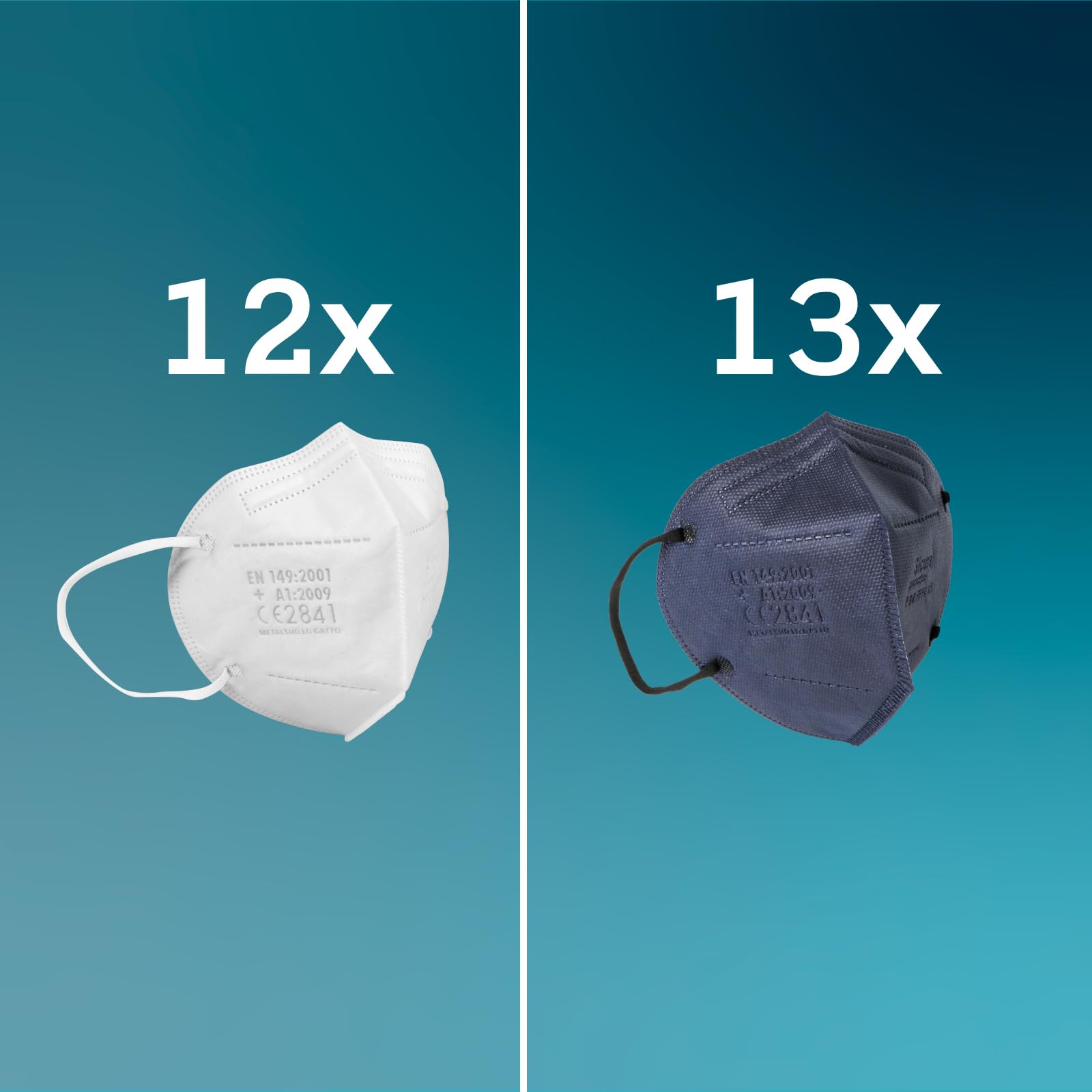 25 masques FFP3 certifiés CE Bleu et Blanc Fabriqué en Italie BFE ≥99% | PFE ≥99% logo imprimé SICURA Masque FFP3 italien aseptisé et scellé individuellement 12 Blancs + 13 Bleu