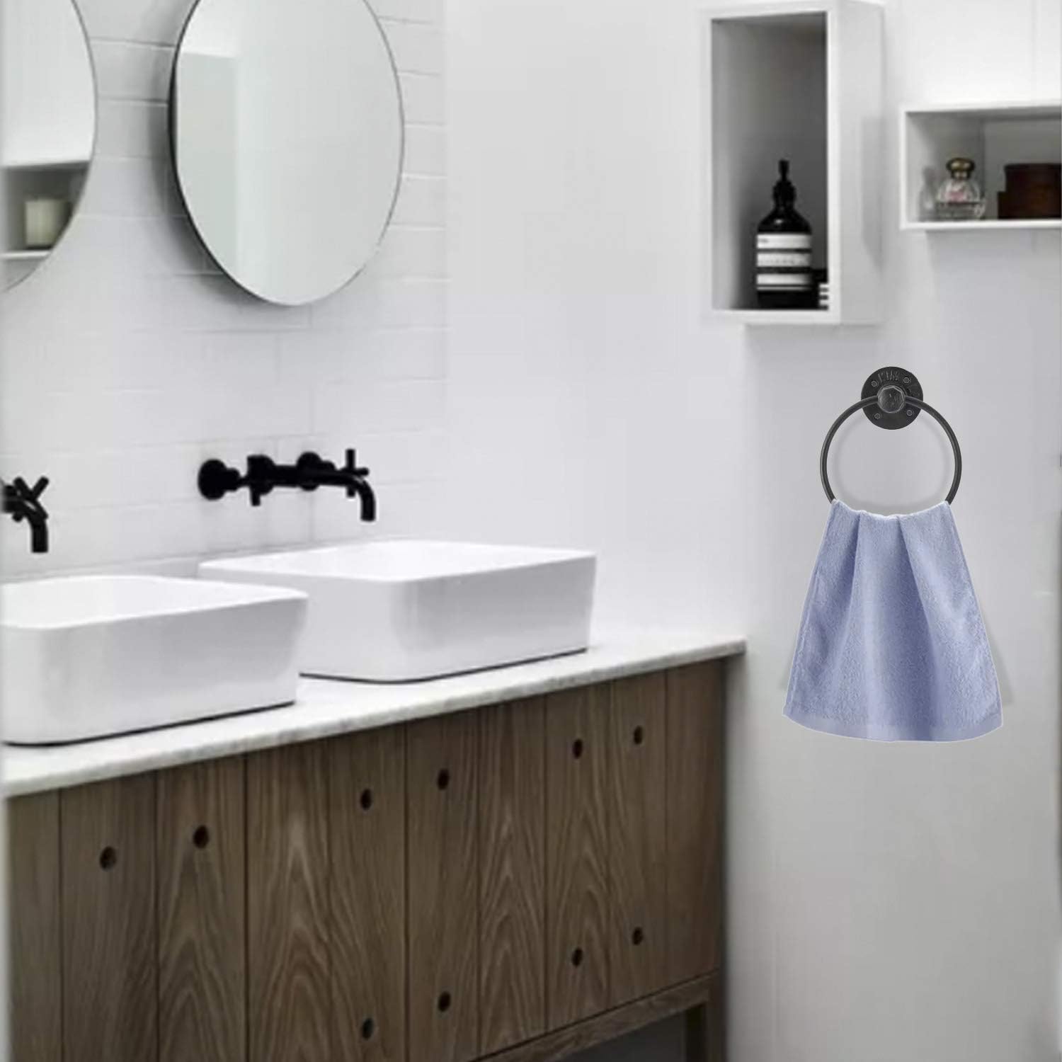 HighFree Toallero de mano de tubo industrial, soporte redondo de metal montado en la pared, anillo de toalla de mano de granja para baño, cocina, negro (2)