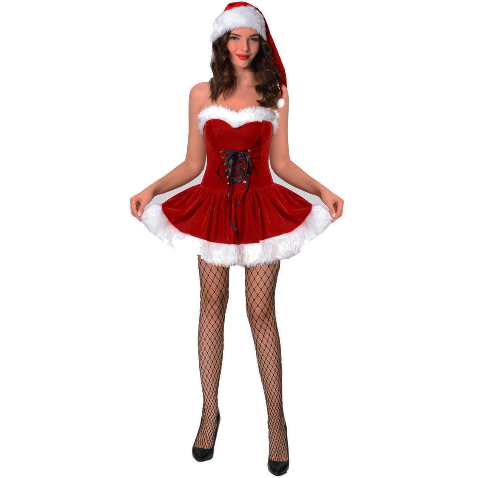Faschingskostüme Damen Weihnachtsmann Kostüm Damen Cosplay Party Bühne Performance Rot Samt Mütze Gürtel Weihnachtskostüm Klassisch