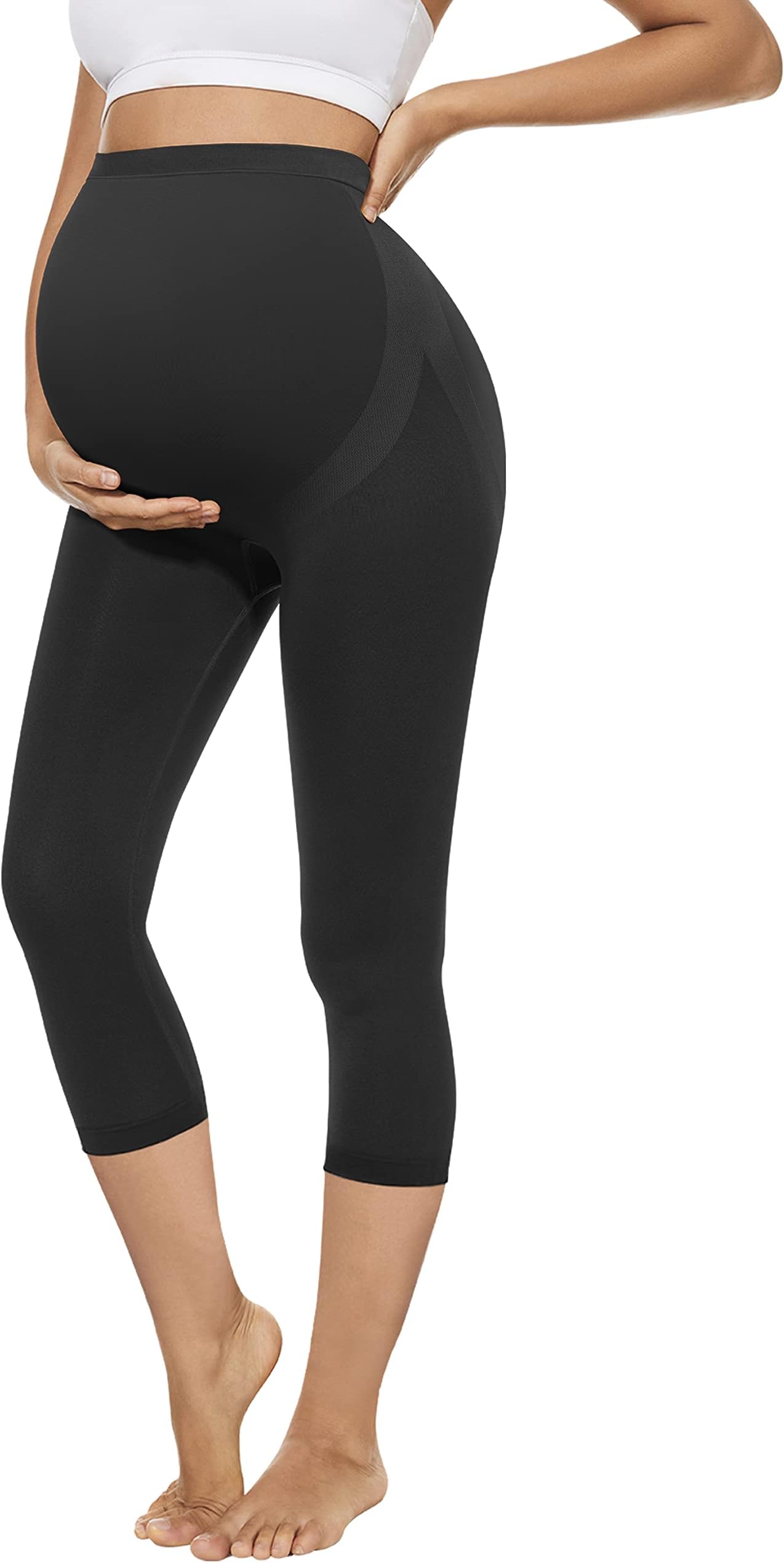 Maternity Capri Leggings Over The Belly Butt Lift -Soft Non-See-Through Workout Pregnancy Pants for Women Black