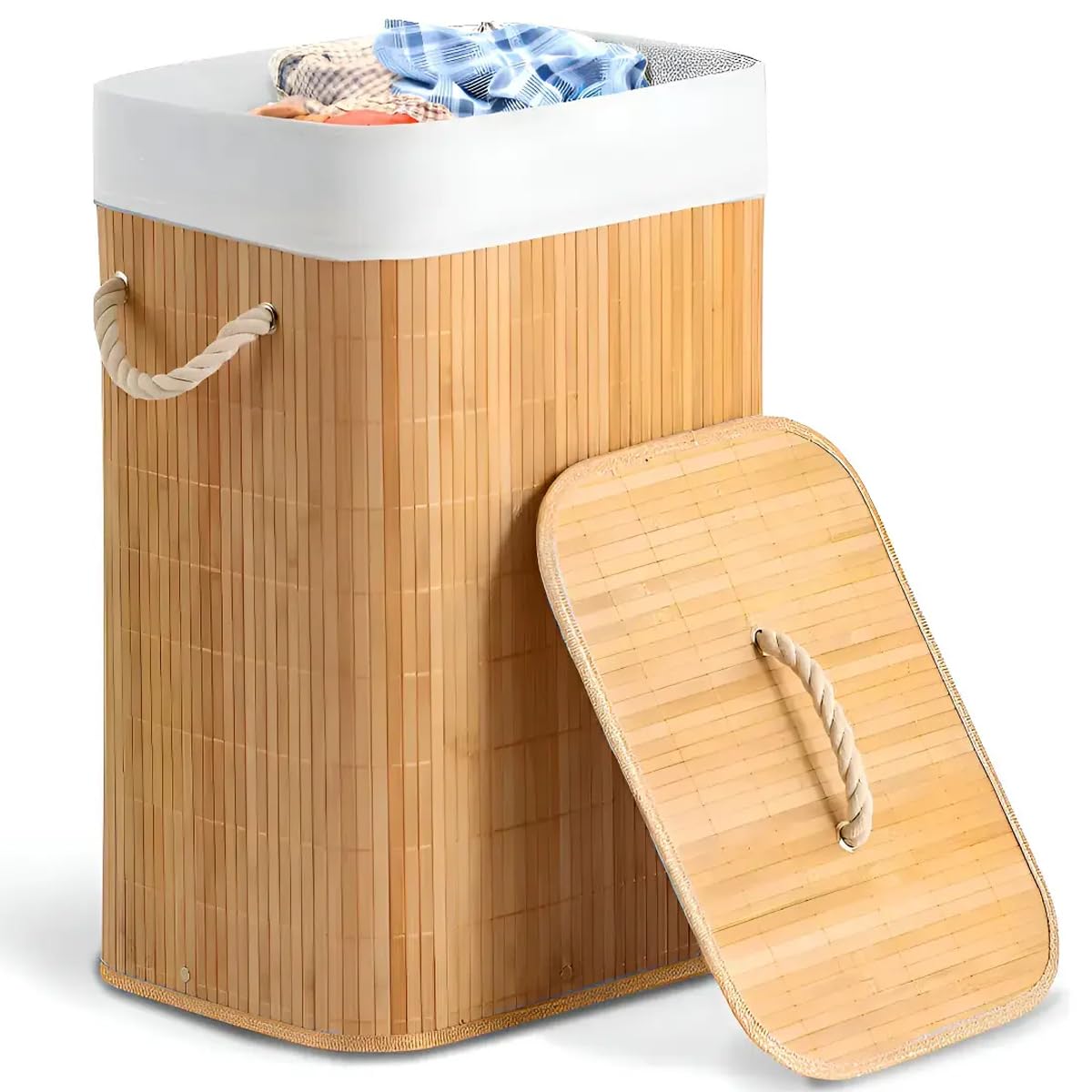 Cesto De Roupa Bambu 50 Litros Dobrável Com Tampa E Alças Grande Organizador Lavanderia