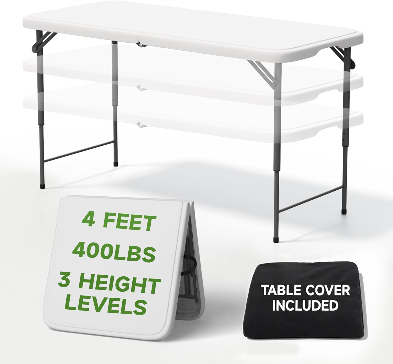 Folding Table 4 Foot - 3-Position Adjustable Height, Heavy Duty 400 lbs Capacity - Portable Tables Folding for Camping, Party, Indoor & Outdoor Use, 1 Pack