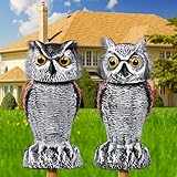 Lomrsiul Owl Decoys to Scare Birds Away, Rotating Head Plastic Garden Owl Scarecrow for Garden, Waterproof Owl Statue for Courtyard Orchard Doorway Roof Owl Decor 2 Pack