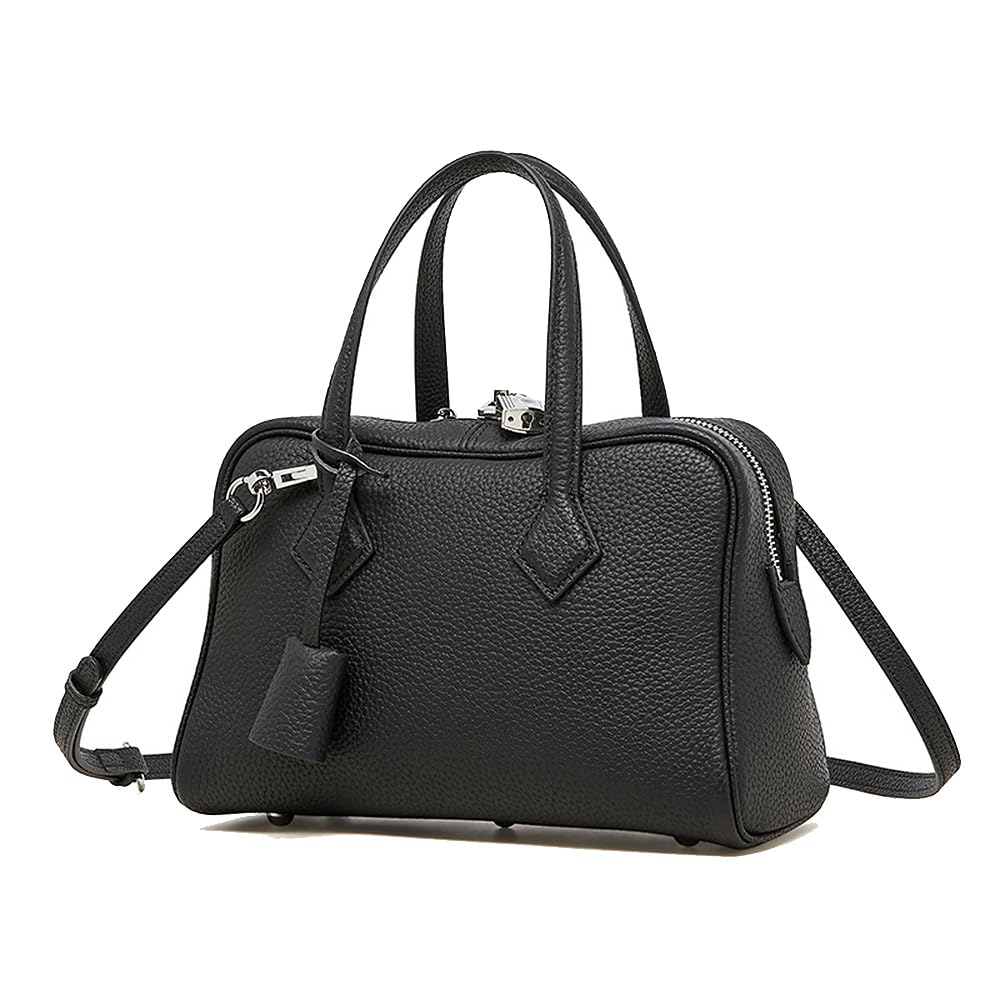 Bolso Boston Mujer de Cuero Flor Genuino Taurillon, Elegante Bolso de Mano Tipo Doctor, Bolso Bandolera y de Hombro Minimalista Viaje Negro