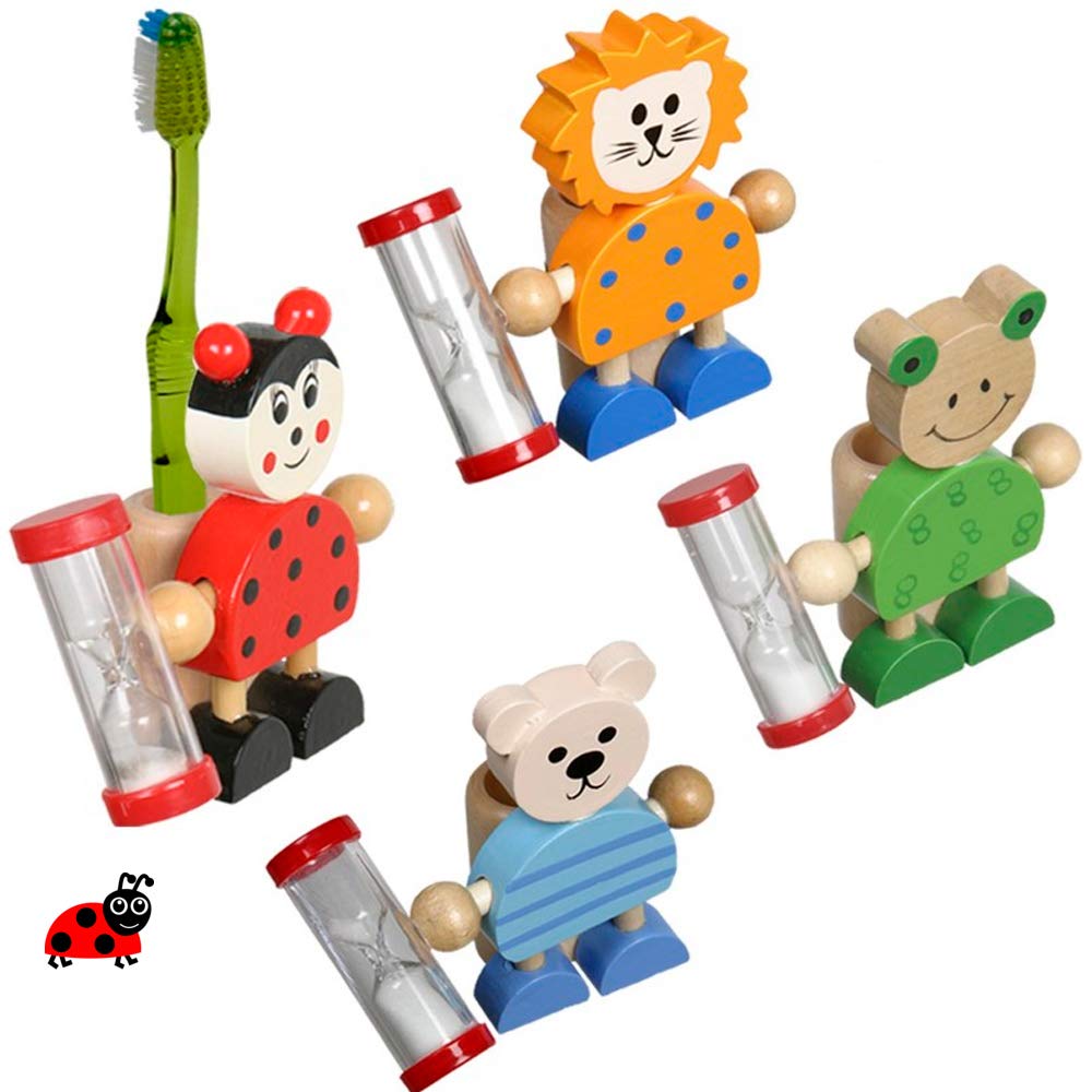 Portacepillos de Dientes Infantil en Madera, animalitos con Reloj de Arena. Lote 8 Unidades.Regalos para cumpleaños