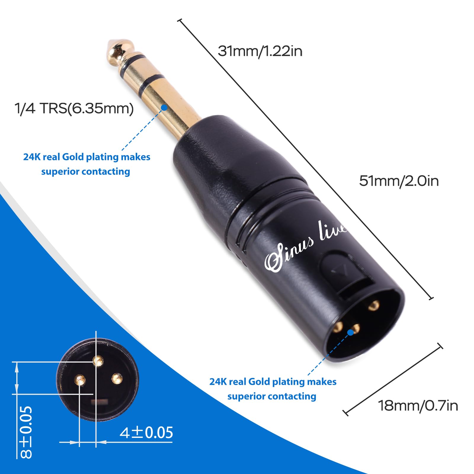 SINUS LIVE Paquete de 4 adaptadores XLR hembra macho a TRS de 1/4 pulgadas, XLR equilibrado a un cuarto de pulgada macho de 6,35 mm