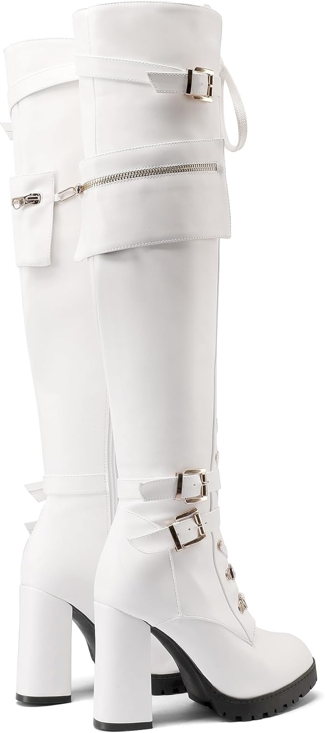 BEAUPAS Women's Over the Knee Combat Boots Lace-Up with Buckles Block Heel Platform Sole