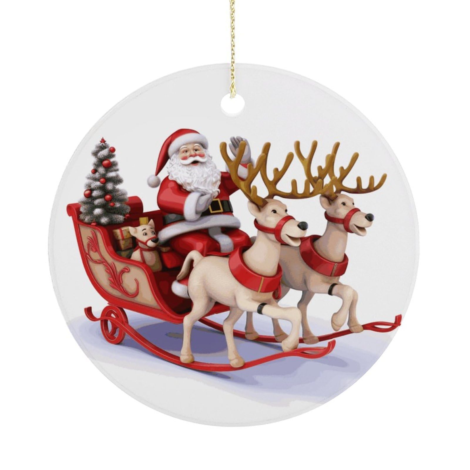 Santa Claus Reindeer Sled Christmas Ornament,Round Ceramic Ornaments Personalized Christmas Tree Ornament for Holiday Porcelain Keepsake Gifts Ideas Home Decor