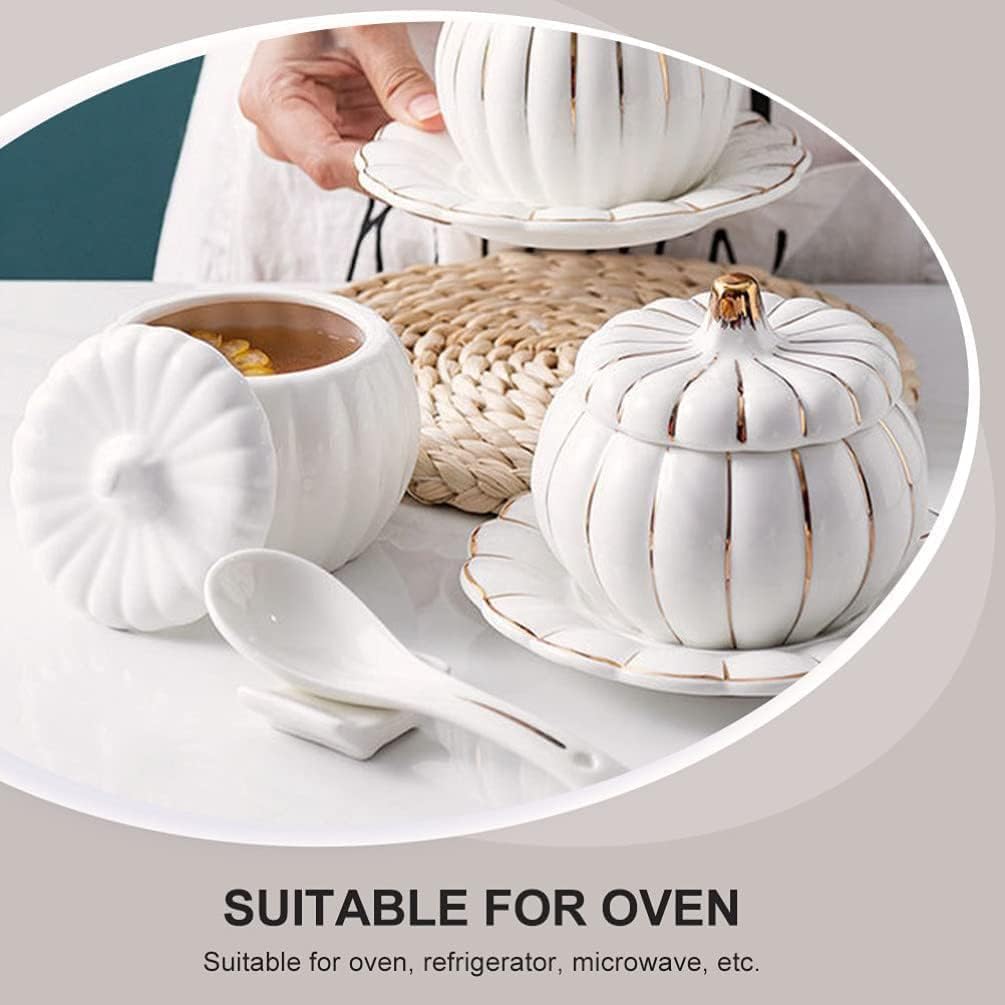 Serving Dish Pumpkin Dessert Bowl Soup Bowl with Saucer and Spoon Salt Container with Lid and Base Condiment Containers Sugar Bowl Ceramic Dinnerware for Halloween Party Ceramic Crock
