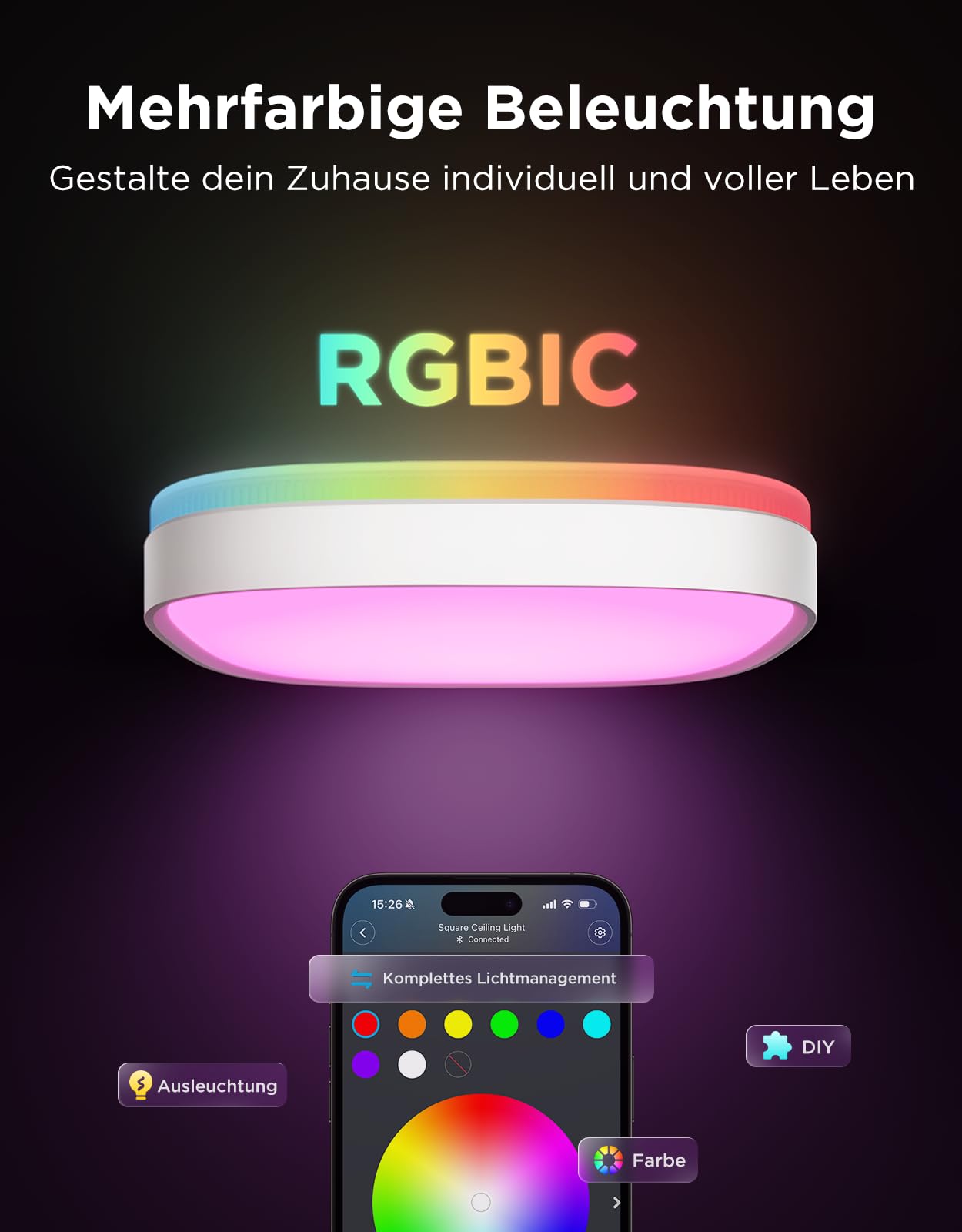 Govee Deckenlampe RGBIC Smart, 24W LED Deckenleuchte dimmbar, 2400LM Deckenlampe Schlafzimmer Kompatibel mit Matter, Alexa & Google Home mit 16 Millionen DIY Farben, für Wohnzimmer Küche Flur, 30cm