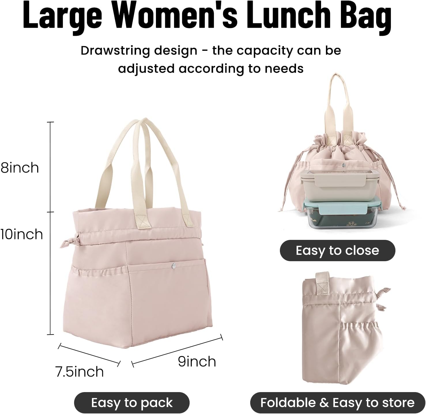 MEXS Lunch Bag for Women Reusable Drawstring Insulated Lunch Box Stain-Resistant Large Cinch Closure Lunch Bags for Work Office - Image 2