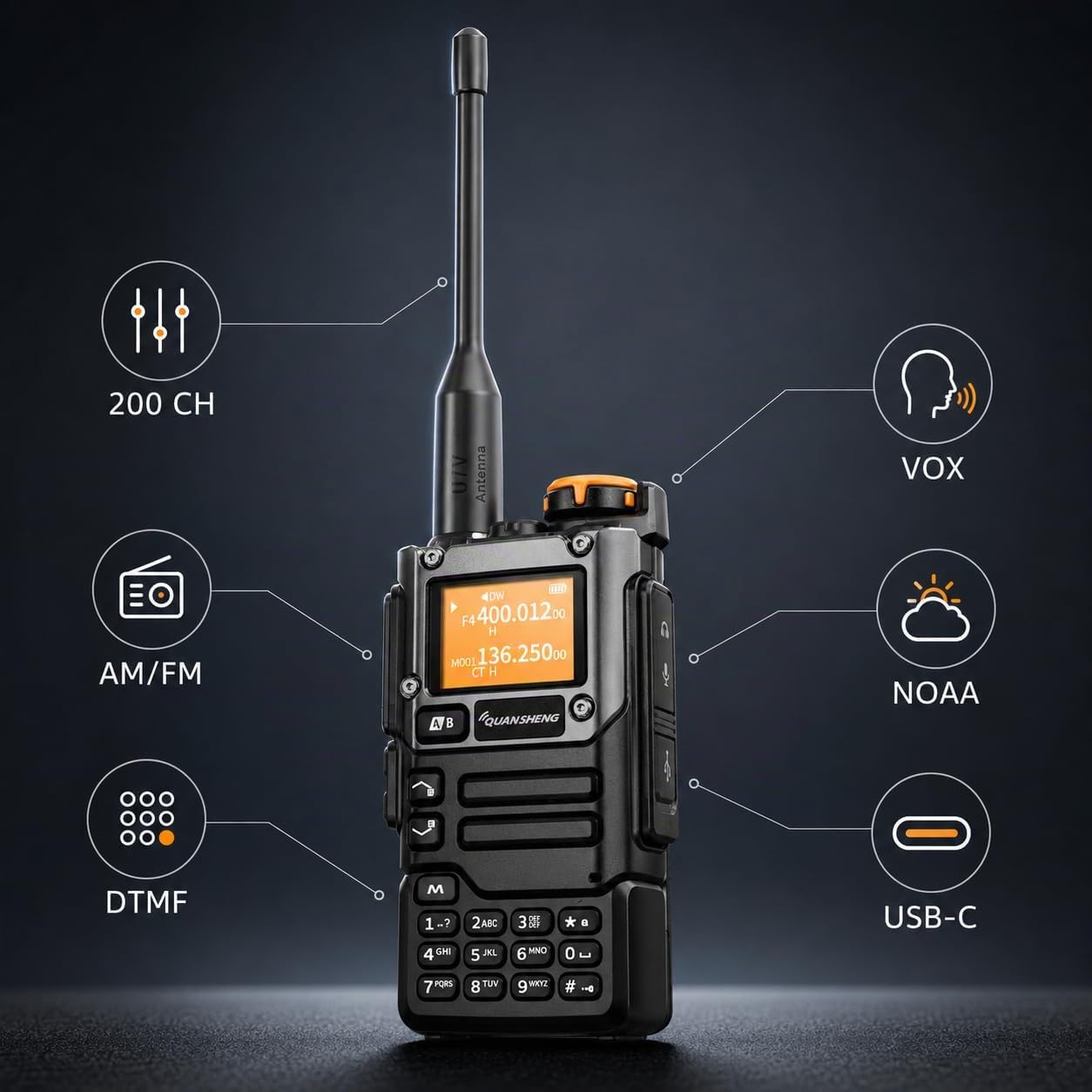 QUANSHENG UVK5(8) AM/FM/DTMF Walkie Talkie 200 Canale Tipo-C Ricarica Tre Frequency Receiving Walkie Talkie NOAA Weather Forecast, con Flash VOX Replication Frequency LCD Display (1 pezzo), UV-K5（8）