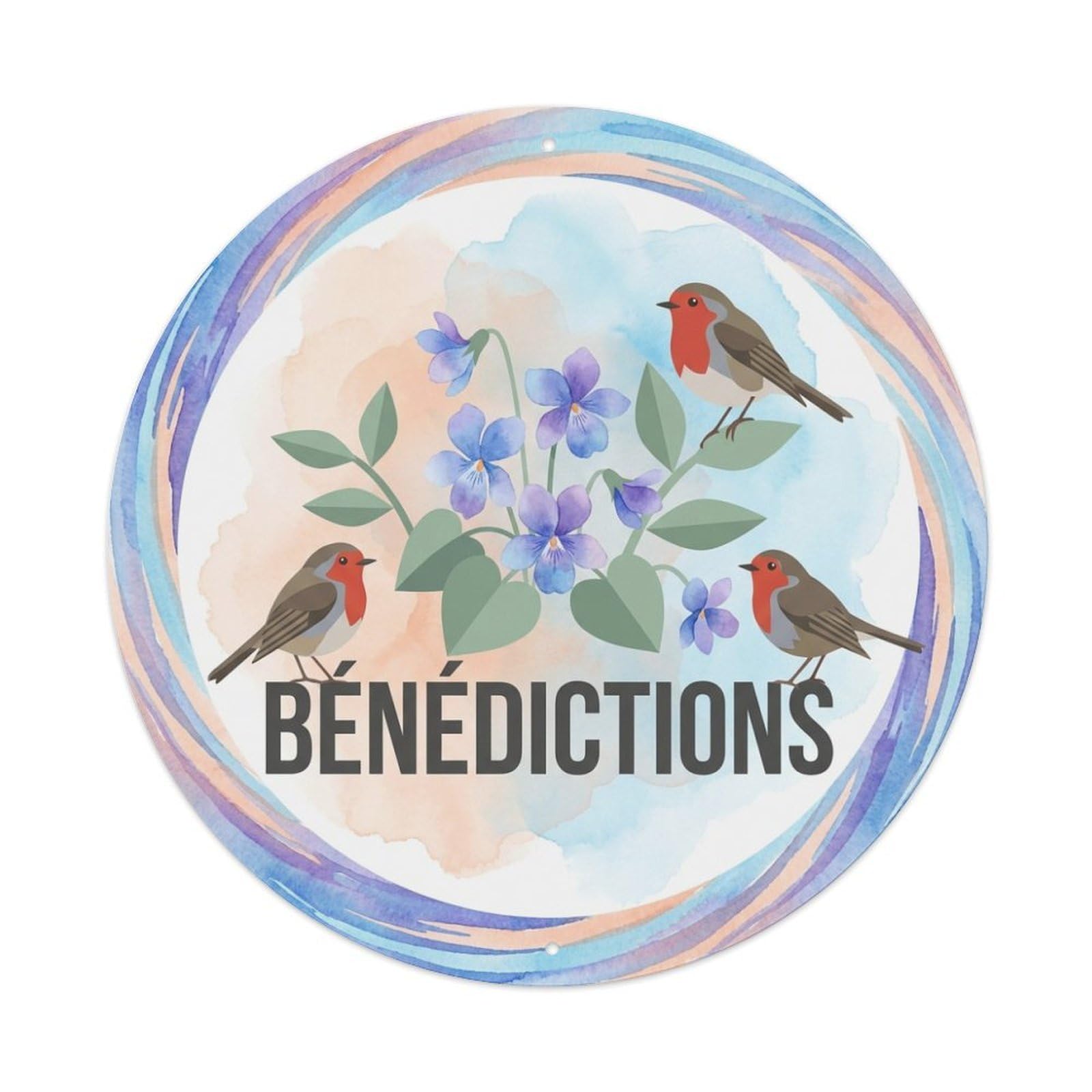 Violet Watercolor Bird Slogan Benedictions Metal Tin Sign