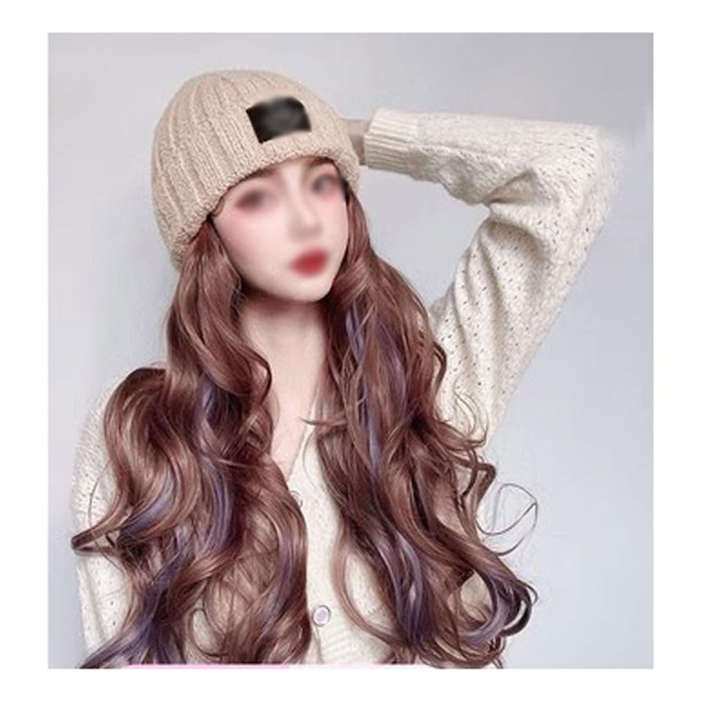 GUERNSEY Cap with Hair Attached for Women Knitted Hat Wig Hat, Wavy Curly Wig Hat, Natural Realistic Wig Hat, Women's Long Hair Wig Hat, Suitable For Outdoor Leisure Women's Wig with Hat (Color : 01)