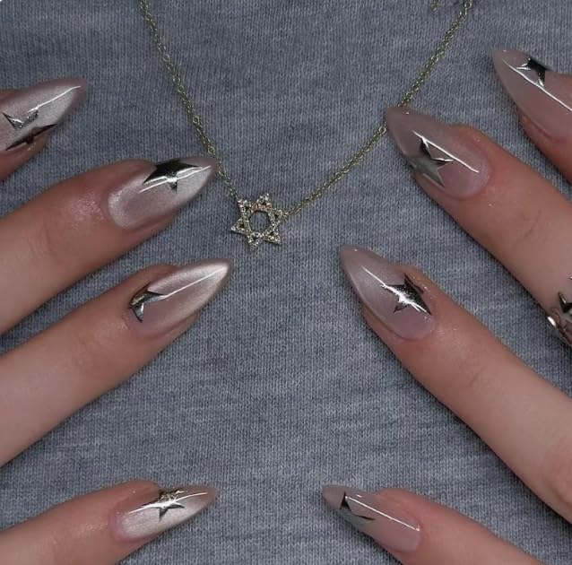 Faux Ongles Court MouyouGlow,Amande Nude Rose 3D Etoiles Bling Cat Eye Magnetic Design Y2k Press on Nails avec Colle à Ongles,Natural Stars Glitzer Eté INS...