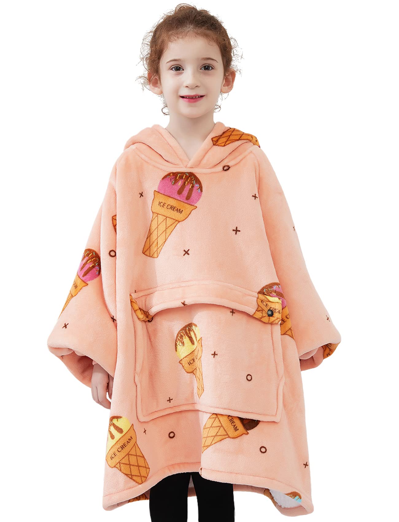 KFUBUO Wearable Blanket Hoodie for Kids Sherpa Patterns Oversized Sweatshirt Blanket With Pocket 6-10 Year Old Girl Birthday Gifts Ice Cream