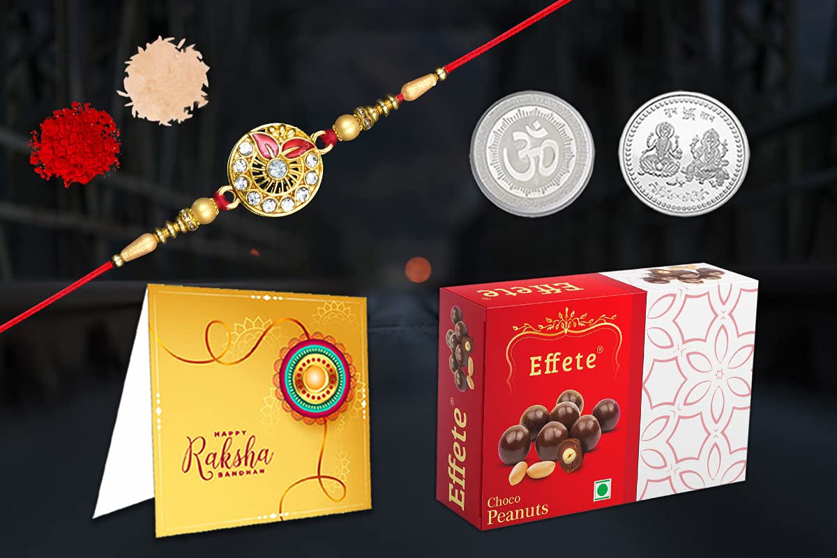 DeoDap Multicolor Bracelet/ Rakhi (K1_209_P32) & Chocolate Peanuts | Round Rakhi with golden work | pink petal and stone rakhi | Rakhi with card & chocolate | chocolate gift pack | men bracelet | rakshabandhan gift | (B09BM663DS) Amazon Price History, Amazon Price Tracker