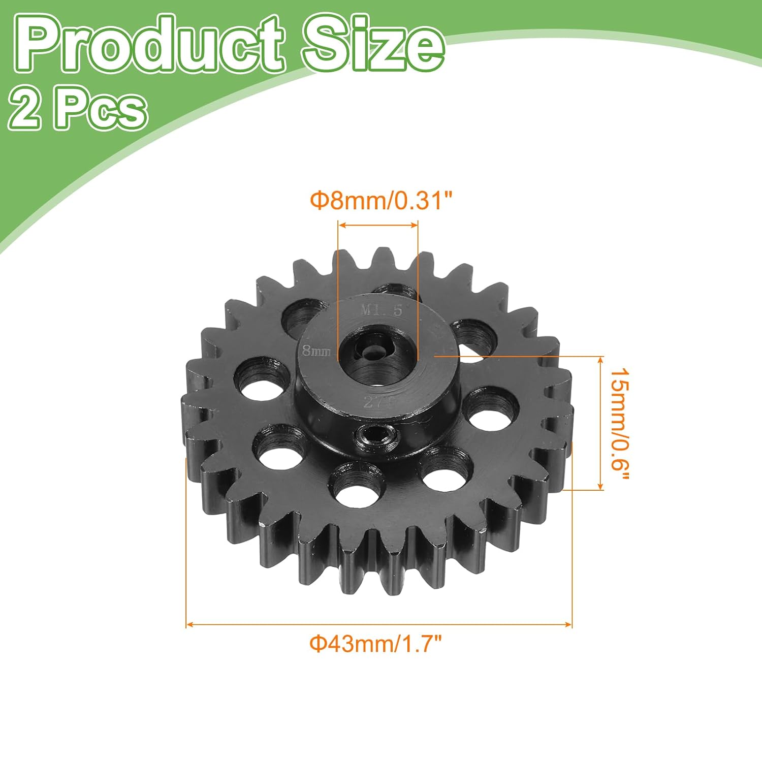 MECCANIXITY 2 Pcs Steel M1.5 Gear Set 27T 8mm Shaft Motor Gears for RC Vehicles Truck Drift Car Part, Black