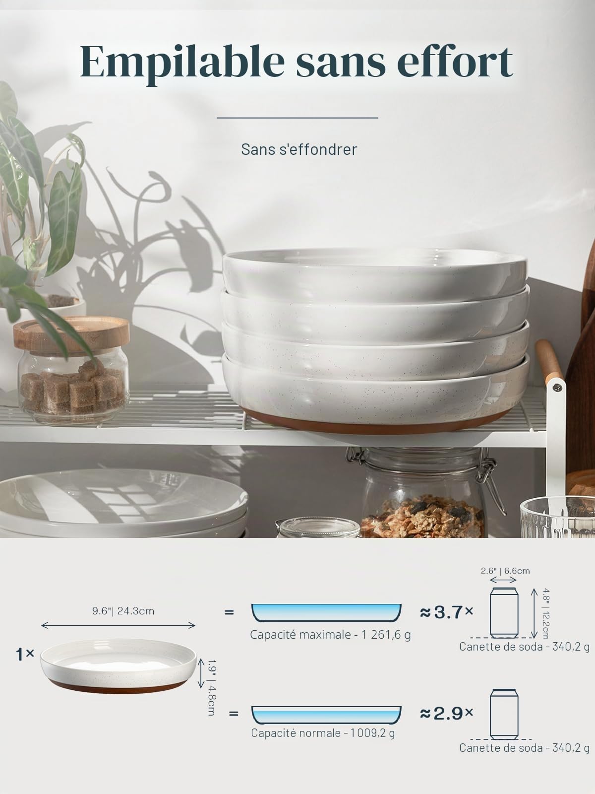 DOWAN Grandes Bols à Pâtes, 9,75" Assiettes en Céramique, Ensemble de 4 Plates, Vaisselle de Cuisine en Stoneware Moderne, Vanille Blanche