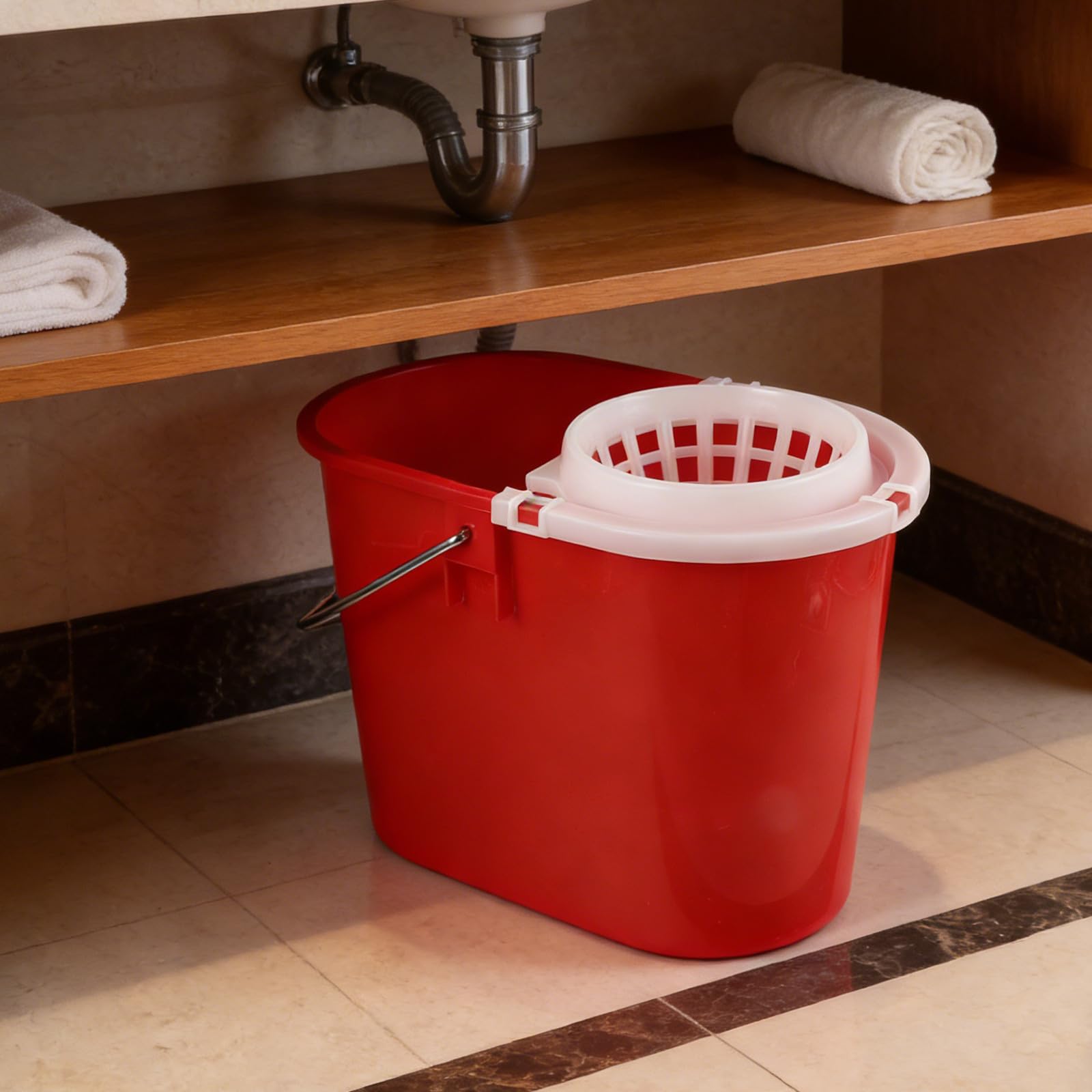 Mipcase Cubo de Plástico Rojo para Fregona Redondo con Asa, Accesorio para Mop, Alta Eficiencia de Limpieza para Uso Doméstico y Comercial