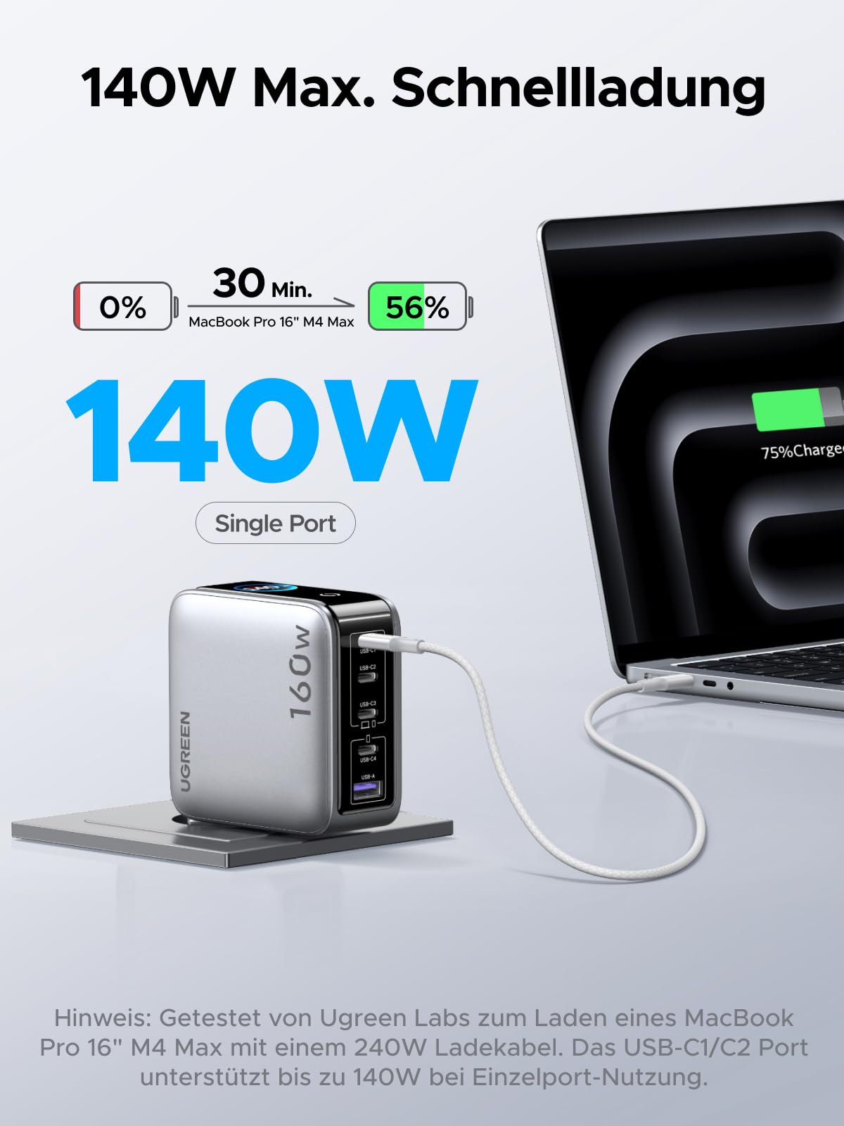 UGREEN Nexode Pro 160W USB C Ladegerät, Kompaktes 5-Port GaN Netzteil mit Smart Display, Touch Control, Laptop Schnellladegerät PD3.1, kompatibel mit MacBook Pro/Air/Neo, iPhone 17, Galaxy S26, iPad