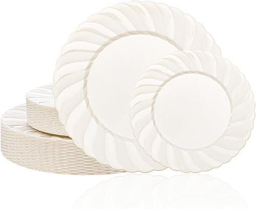 U-QE 60 platos de plástico marfil para fiestas, platos de plástico festoneados, resistentes y elegantes, incluyen 30 platos de cena de 10.25
