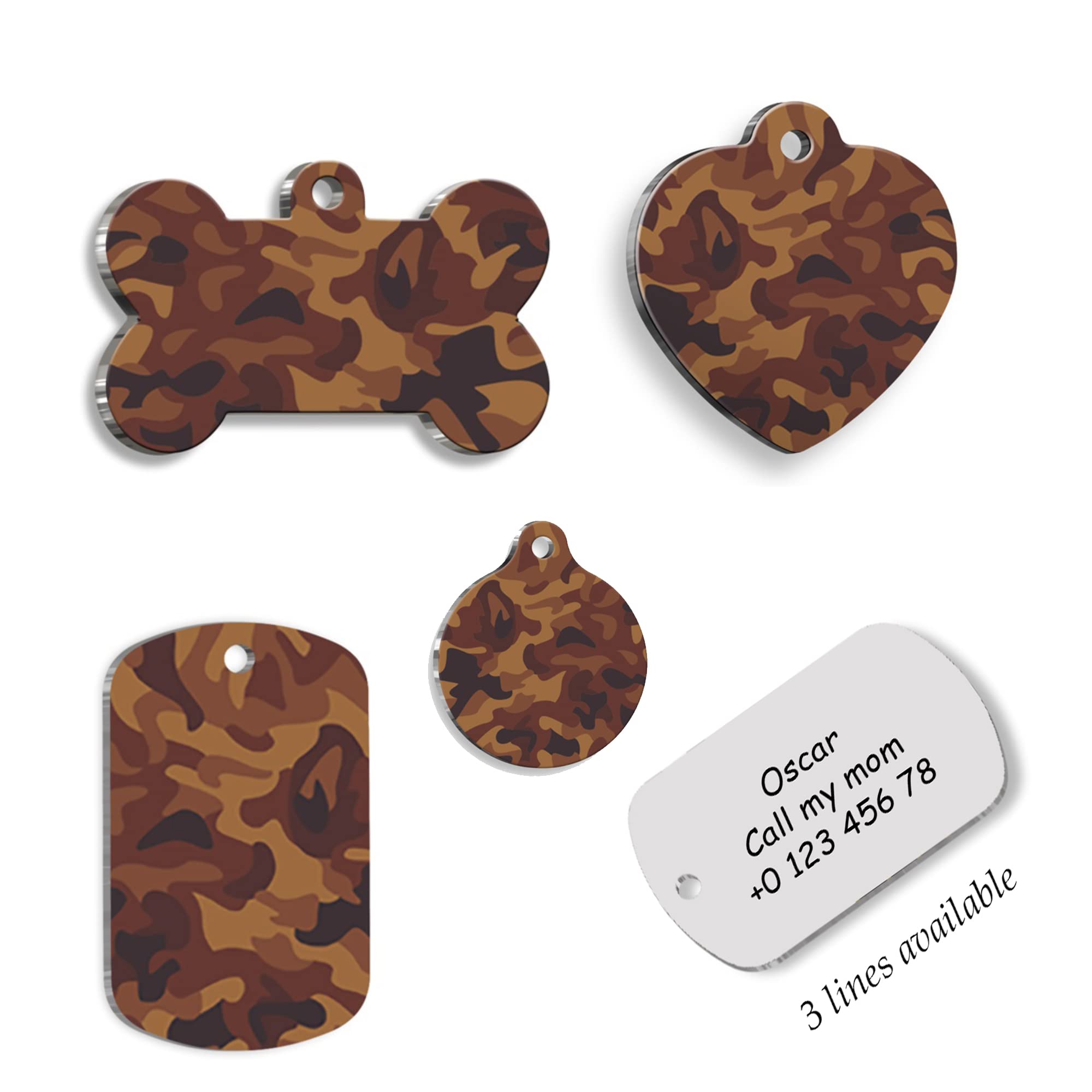 Brown Camouflage Military Army Brown Army Personalized Dog Tag - Custom Name Tag - ID Tag for Dog & Cat - Customized Pet Tags - Dog Name Tag - Cat Name Tag - Engraved Dog Tag (Bone)