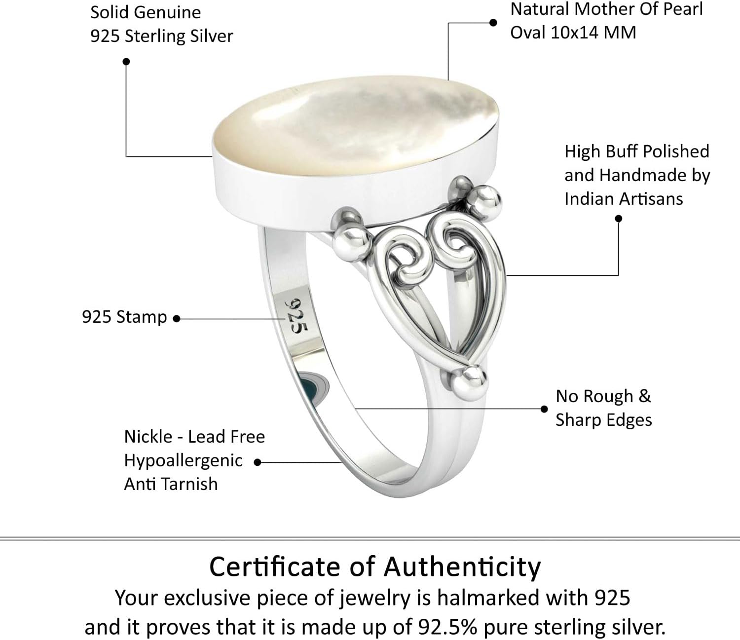 JEWELOPORIUM White Mother Of Pearl Silver Ring Size 5 to 13, 925 Sterling Silver Ring for Women, Real Oval Gemstone Boho Jewelry