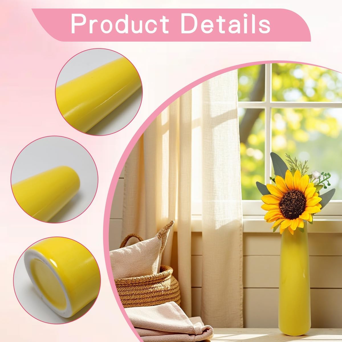 16CM Yellow Tall Conic Ceramic Flower Vase Taper Vase Table Top Small Narrow Neck Vases for Home Wedding Table Bedroom Living Room Office Desk(Flowers not Included) - Image 4