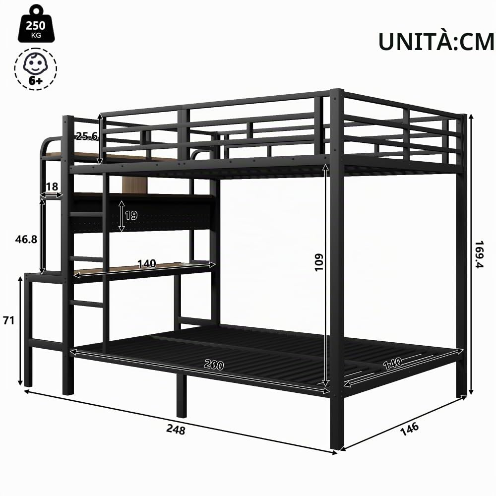 Letto a soppalco 140x200cm con luce LED e porta USB,metallo letto a castello matrimoniale con scrivania e vano portaoggetti,ringhiera di sicurezza,scaletta,ferro Letto per bambini,senza materasso,Nero